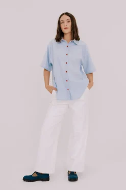 Annie - Jasper Shirt - Pale Blue with Scarlet Contrast Stitch