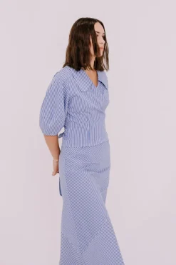 Annie - Lydia Wrap Blouse - Blue stripe
