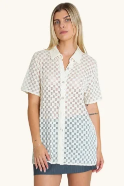 LAST ONE | Find Me Now - Harmony Checkered Mesh Button Down - White Noise