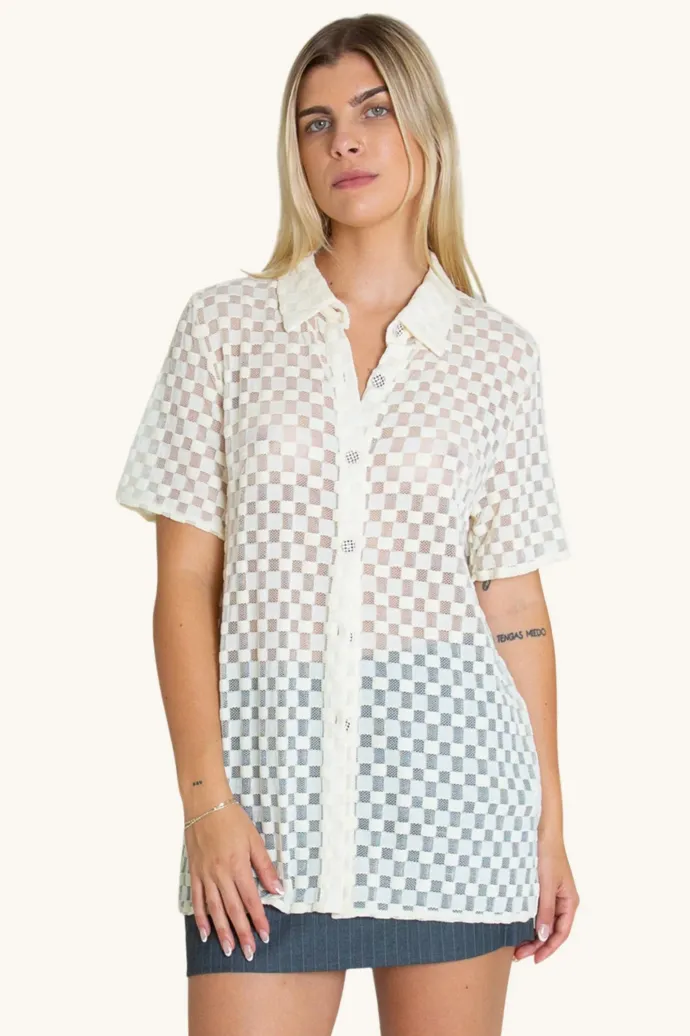 LAST ONE | Find Me Now - Harmony Checkered Mesh Button Down - White Noise