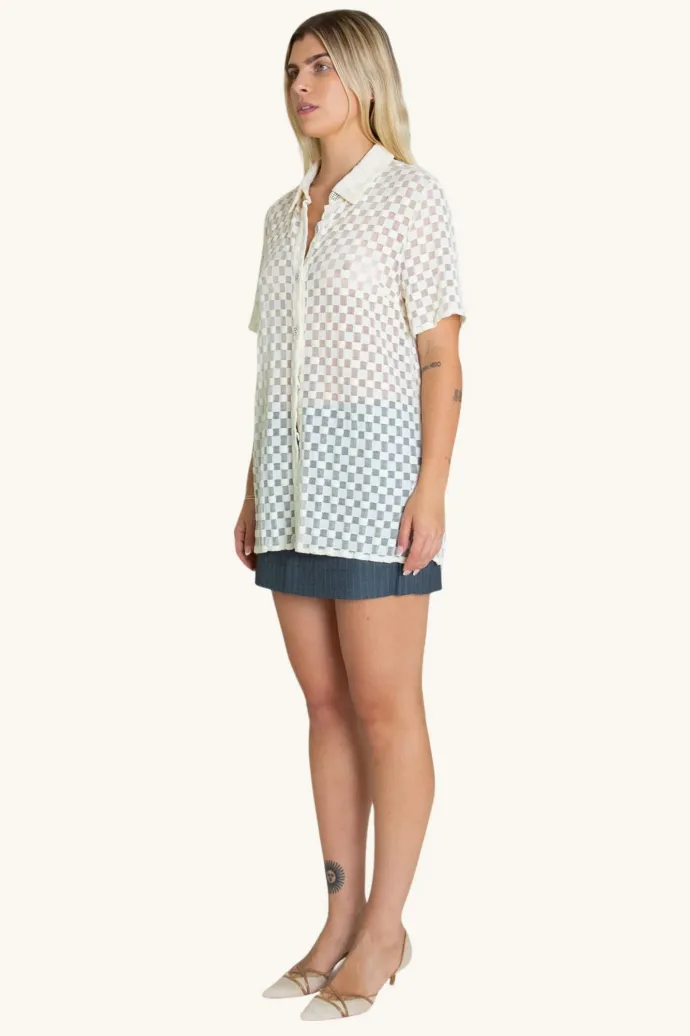 LAST ONE | Find Me Now - Harmony Checkered Mesh Button Down - White Noise