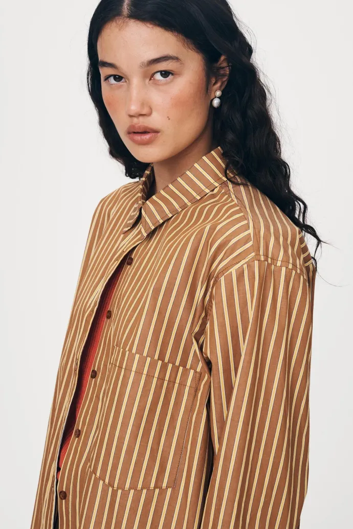 LAST ONE | ROWIE - Ramona Stripe Long Sleeve Shirt - Tan Stripe