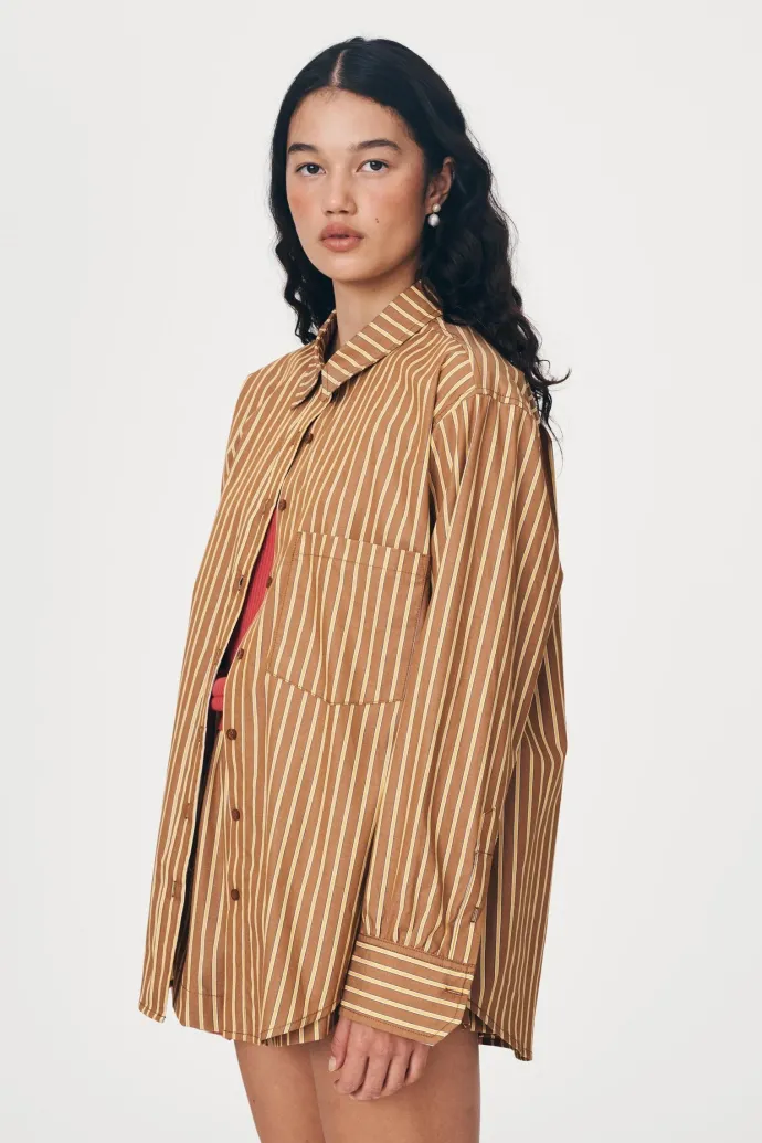 LAST ONE | ROWIE - Ramona Stripe Long Sleeve Shirt - Tan Stripe
