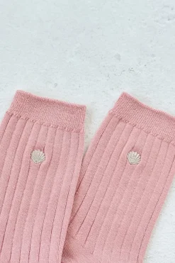 Le Bon Shoppe - Embroidered Her Socks - Pink Soda + Silver Seashell