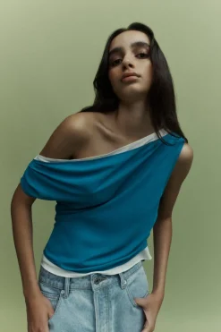 One of Others - Bardot Top - Azure/Vanilla